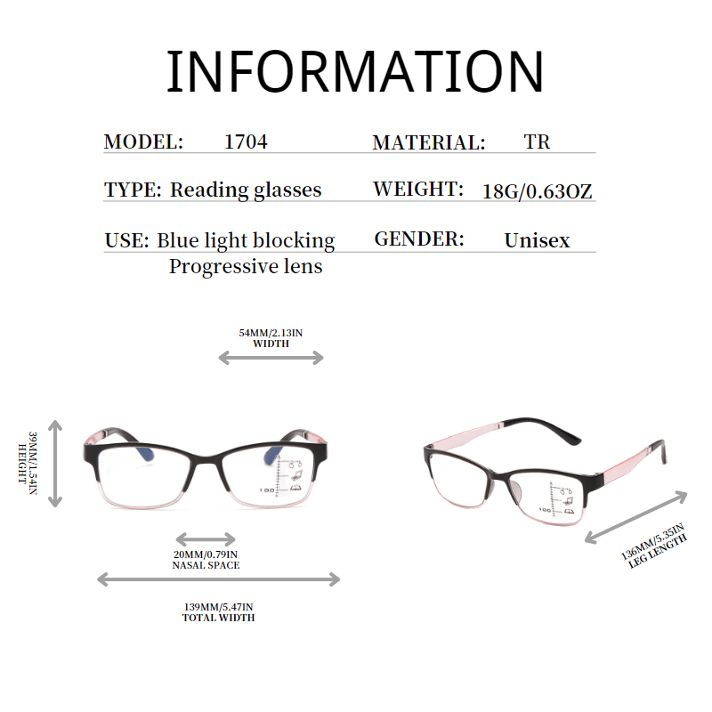 Squared Frame Progressive Lens Light Blocking Reading Glasses