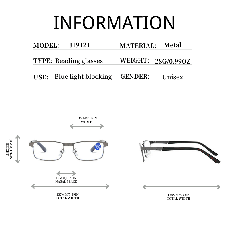 Metal Frame Light Blocking Spring Hinges Reading Glasses