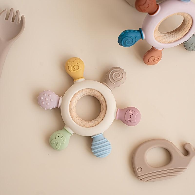 Silicone Baby Teether Rudder Shape Wooden Teether Ring Touch Training BPA Toy