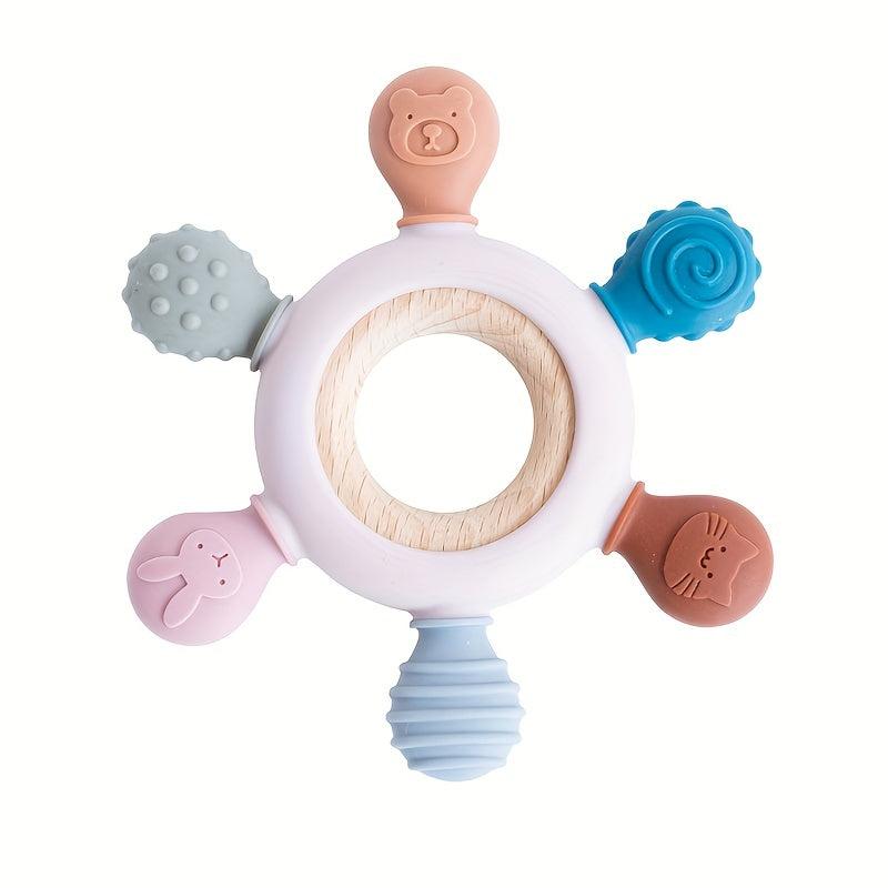 Silicone Baby Teether Rudder Shape Wooden Teether Ring Touch Training BPA Toy