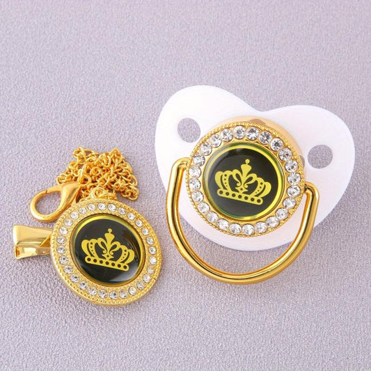 Golden Artificial Diamond Pacifier with Crown Cartoon Design
