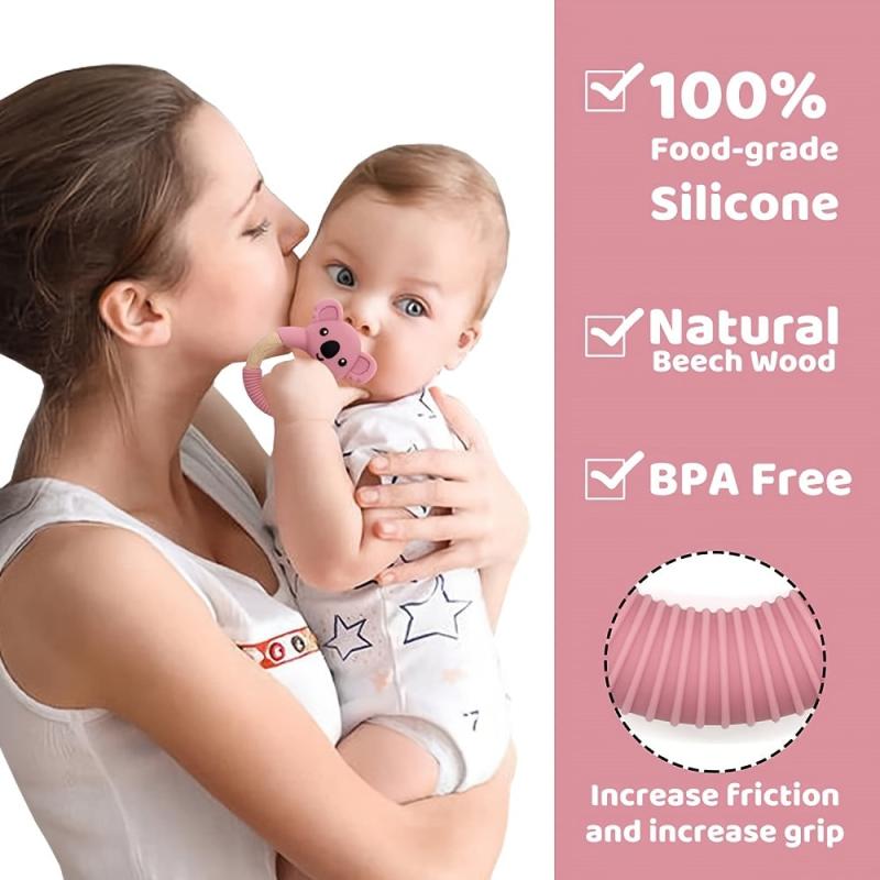 Silicone Koala Baby Teether Toy with Beech Wood Handle
