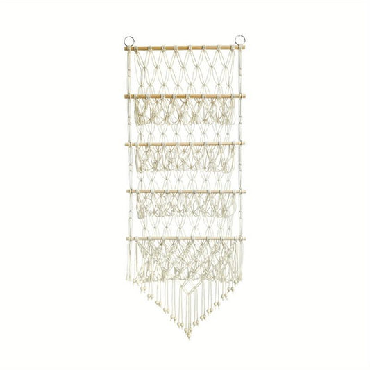 Boho Toy Storage Rack w/ Tassels, Large Capacity Wall Hanging Net