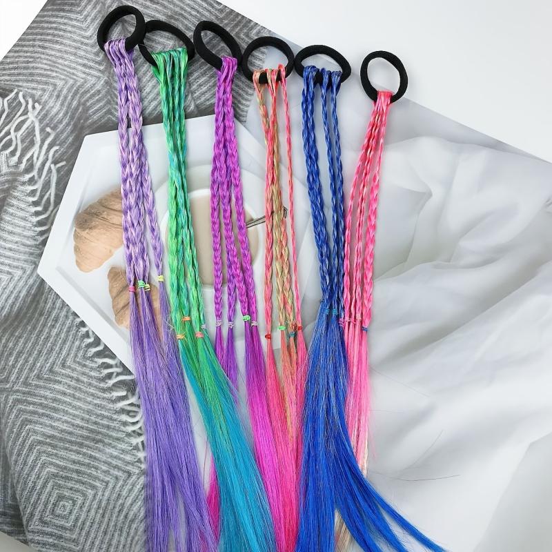 Rainbow Braided Synthetic Hair Extensions with Rubber Bands