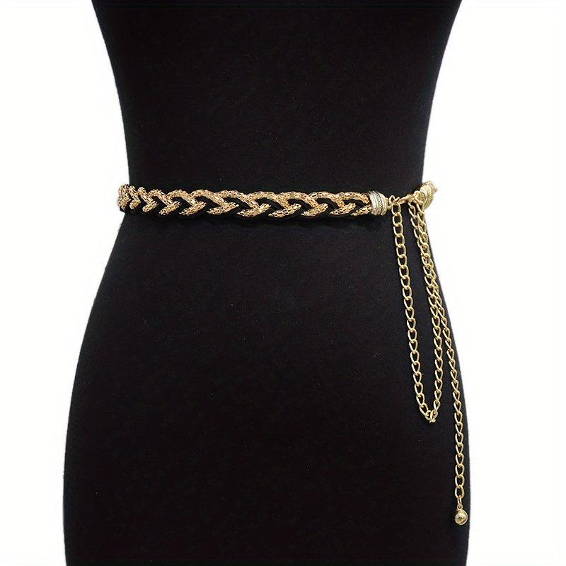 Golden Sequins Braided Twist Belt Metal Tassel Waist Chain