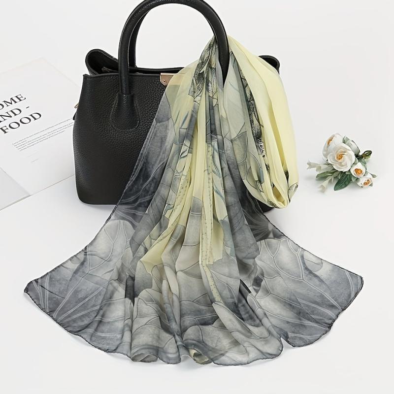 Lotus Print Chiffon Scarf Vintage Breathable Shawl Head Wrap