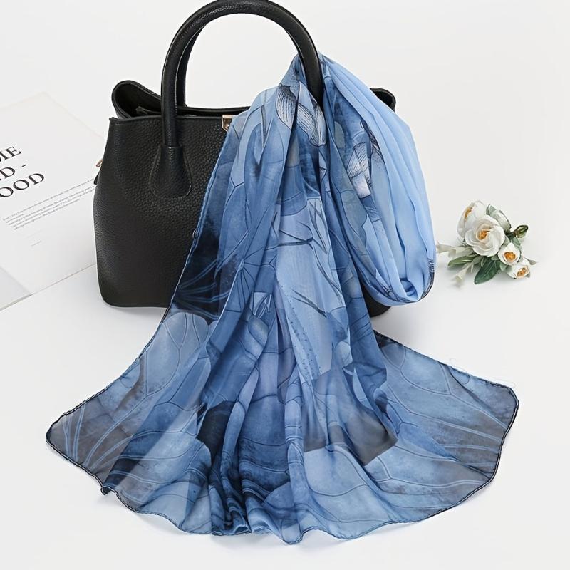 Lotus Print Chiffon Scarf Vintage Breathable Shawl Head Wrap