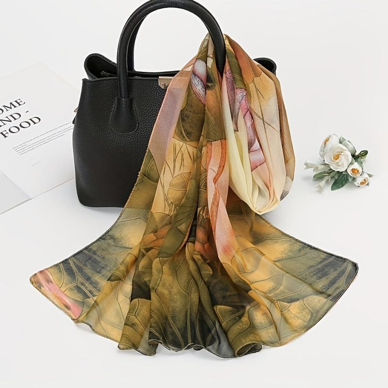 Lotus Print Chiffon Scarf Vintage Breathable Shawl Head Wrap