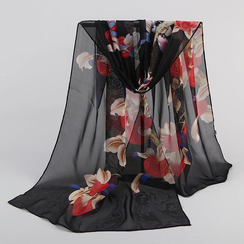 Plant Pattern Print Chiffon Scarf Lightweight Silk Neck Scarfs