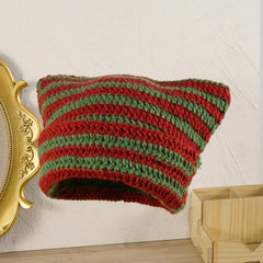 Striped Cat Ear Beanie Hat Crochet Animal Unisex Christmas Birthday