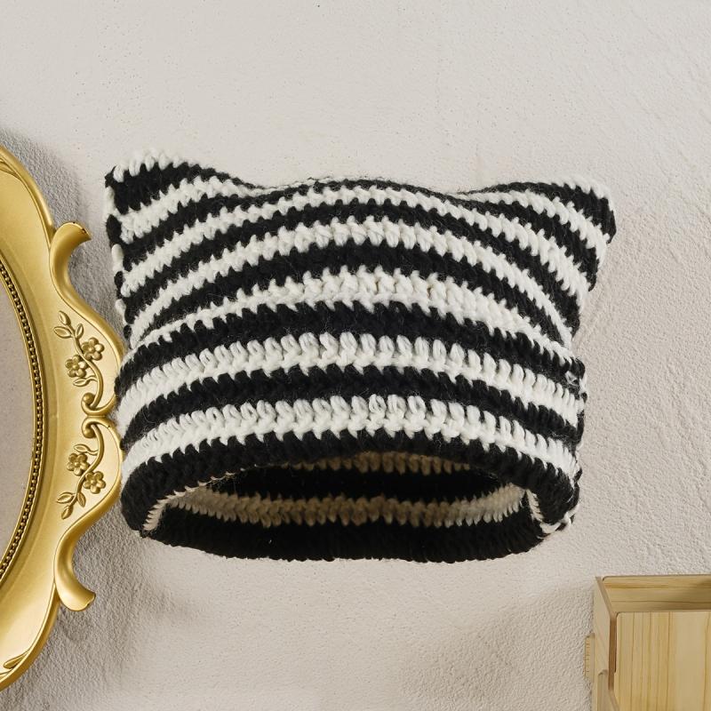 Striped Cat Ear Beanie Hat Crochet Animal Unisex Christmas Birthday