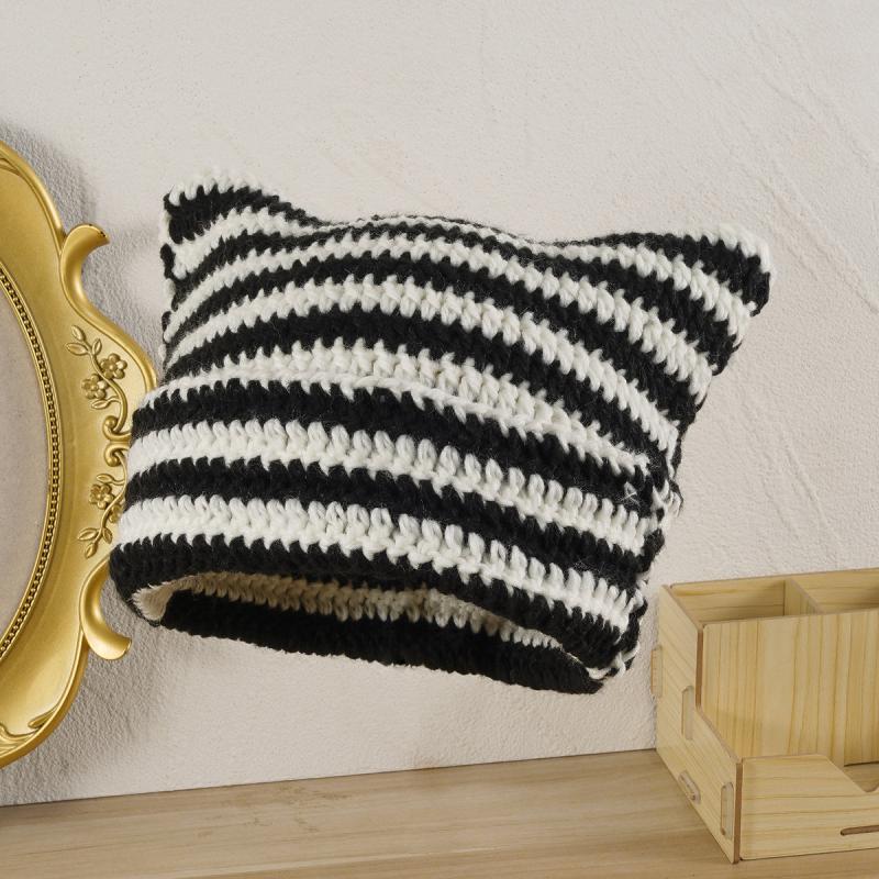 Striped Cat Ear Beanie Hat Crochet Animal Unisex Christmas Birthday