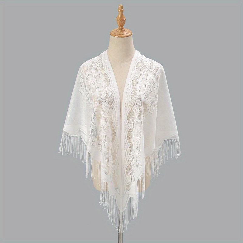 Flower Embroidery Triangle Tassel Scarf Solid Hollow Shawl