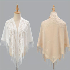 Flower Embroidery Triangle Tassel Scarf Solid Hollow Shawl