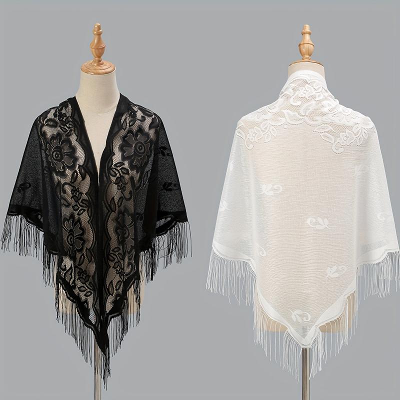 Flower Embroidery Triangle Tassel Scarf Solid Hollow Shawl