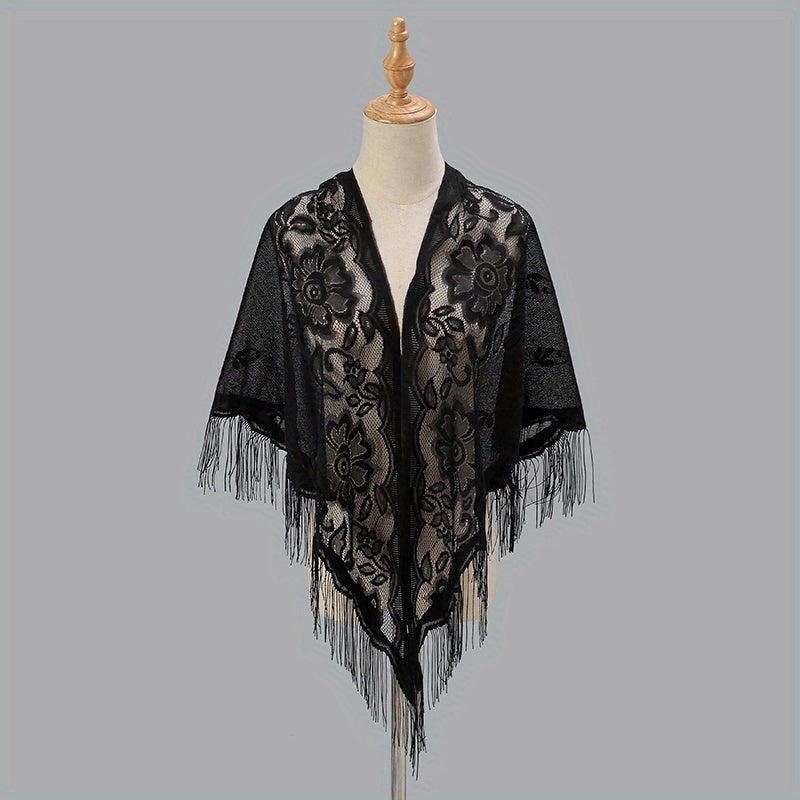 Flower Embroidery Triangle Tassel Scarf Solid Hollow Shawl