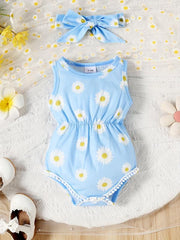 Floral Graphic Print Baby Onesie Set with Headband