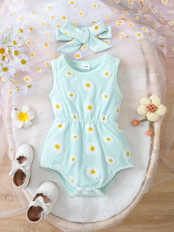 Floral Graphic Print Baby Onesie Set with Headband
