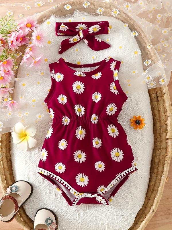 Floral Graphic Print Baby Onesie Set with Headband