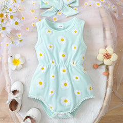 Floral Graphic Print Baby Onesie Set with Headband