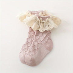 Baby Girls Cotton Argyle Crew Socks Ruffle Lace Decor Spring Autumn