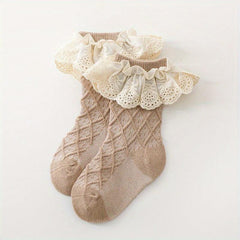 Baby Girls Cotton Argyle Crew Socks Ruffle Lace Decor Spring Autumn