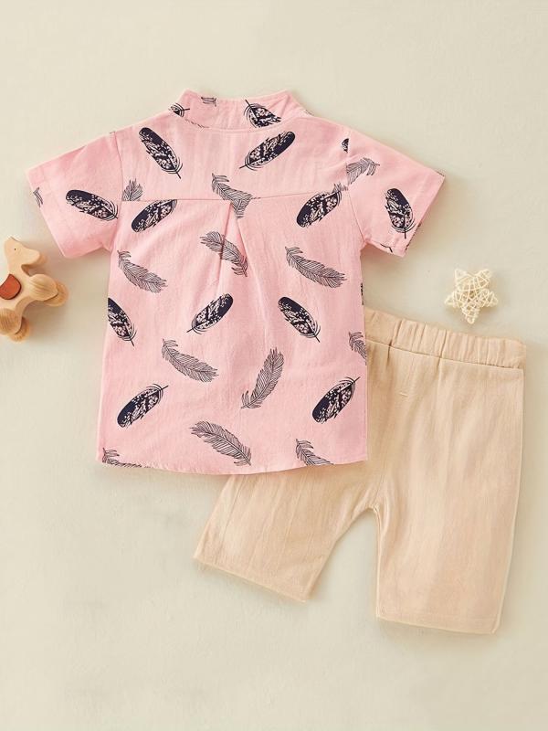 2pcs Baby Boys Feather Pattern Shirt & Shorts Set