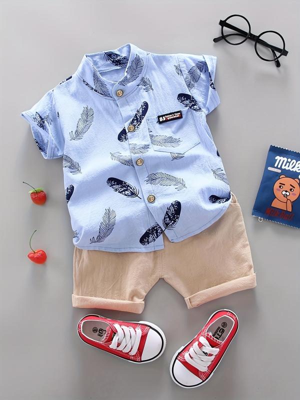 2pcs Baby Boys Feather Pattern Shirt & Shorts Set