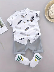 2pcs Baby Boys Feather Pattern Shirt & Shorts Set