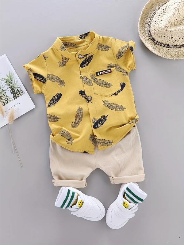 2pcs Baby Boys Feather Pattern Shirt & Shorts Set