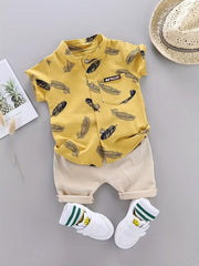 2pcs Baby Boys Feather Pattern Shirt & Shorts Set