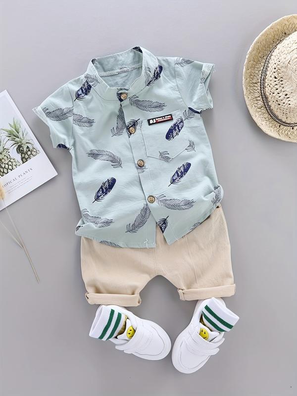 2pcs Baby Boys Feather Pattern Shirt & Shorts Set