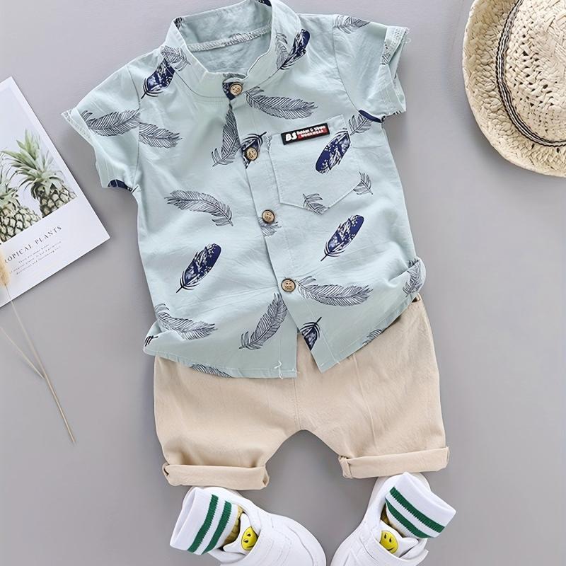 2pcs Baby Boys Feather Pattern Shirt & Shorts Set