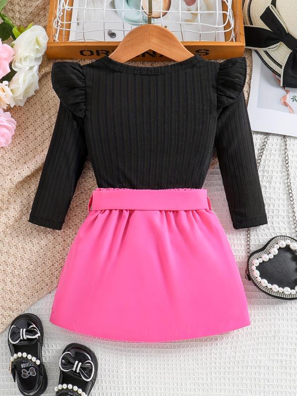 Baby Girl's Ribbed Knit Ruffle Long Sleeve Romper Belted Pocket Skirt Set