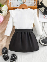 Baby Girl's Ribbed Knit Ruffle Long Sleeve Romper Belted Pocket Skirt Set
