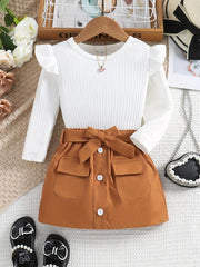 Baby Girl's Ribbed Knit Ruffle Long Sleeve Romper Belted Pocket Skirt Set