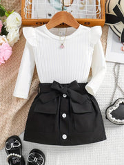 Baby Girl's Ribbed Knit Ruffle Long Sleeve Romper Belted Pocket Skirt Set