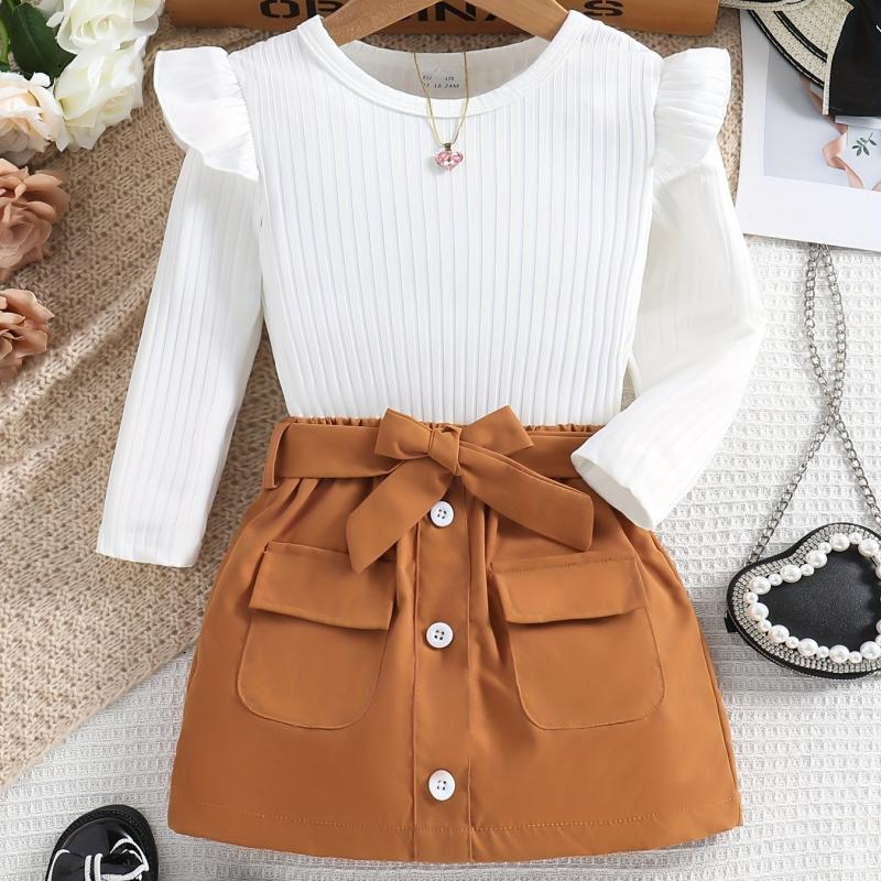 Baby Girl's Ribbed Knit Ruffle Long Sleeve Romper Belted Pocket Skirt Set