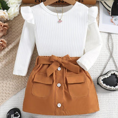 Baby Girl's Ribbed Knit Ruffle Long Sleeve Romper Belted Pocket Skirt Set