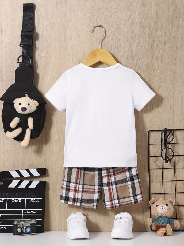 3pcs Baby Boys Plaid T-shirt & Shorts Set with Bear Sling Bag