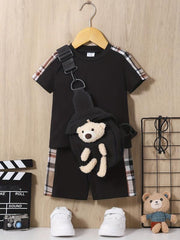 3pcs Baby Boys Plaid T-shirt & Shorts Set with Bear Sling Bag