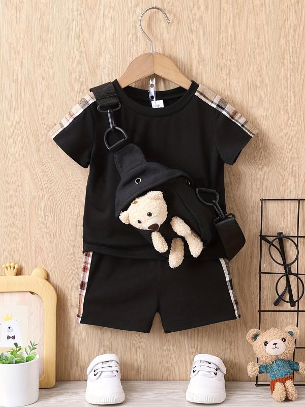 3pcs Baby Boys Plaid T-shirt & Shorts Set with Bear Sling Bag