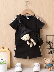 3pcs Baby Boys Plaid T-shirt & Shorts Set with Bear Sling Bag