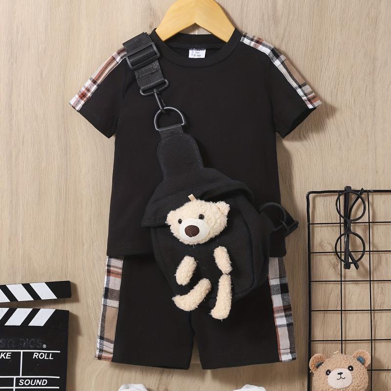 3pcs Baby Boys Plaid T-shirt & Shorts Set with Bear Sling Bag