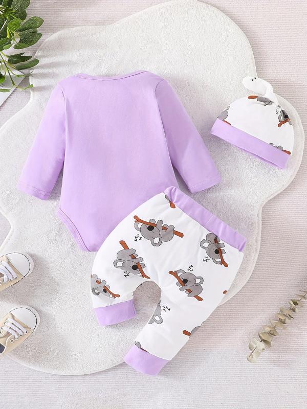 Baby Boys Cotton Koala Print Bodysuit Pants Hat Set