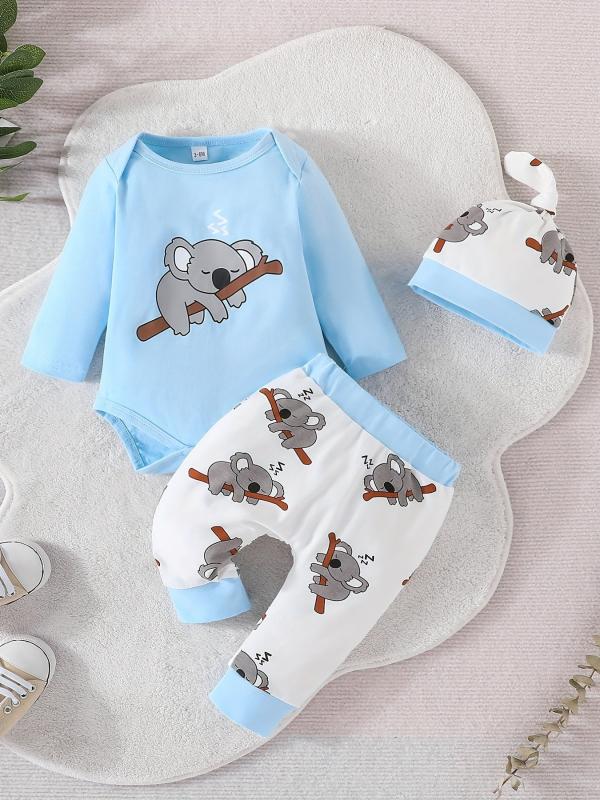 Baby Boys Cotton Koala Print Bodysuit Pants Hat Set