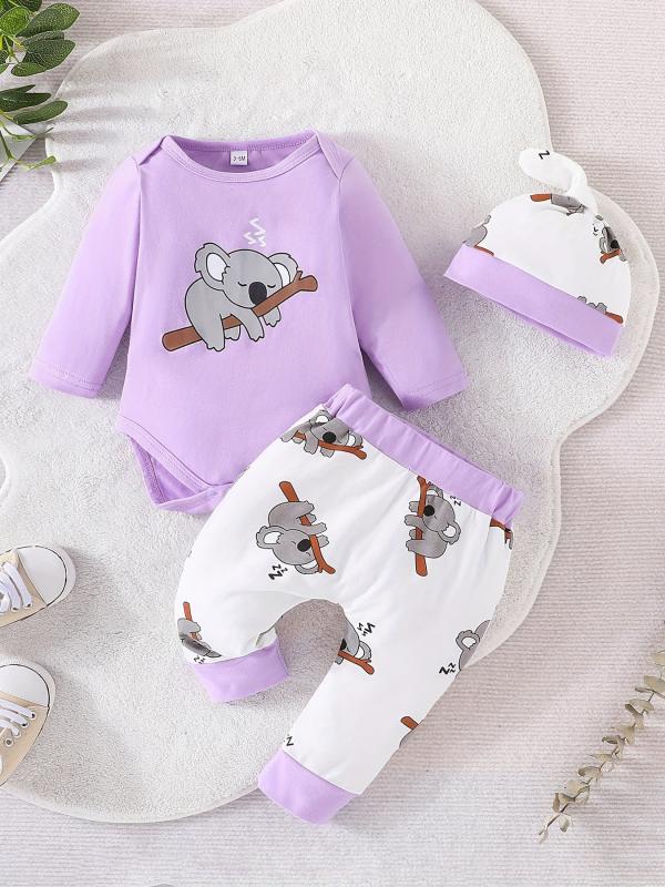 Baby Boys Cotton Koala Print Bodysuit Pants Hat Set