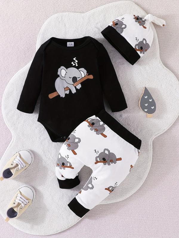 Baby Boys Cotton Koala Print Bodysuit Pants Hat Set