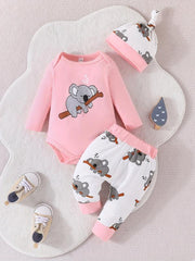 Baby Boys Cotton Koala Print Bodysuit Pants Hat Set