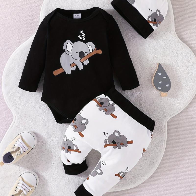 Baby Boys Cotton Koala Print Bodysuit Pants Hat Set